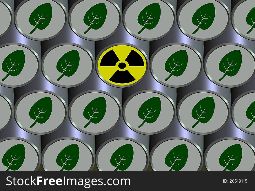 A number of barrels filled with environmentally friendly content and one with radioactive symbol. A number of barrels filled with environmentally friendly content and one with radioactive symbol