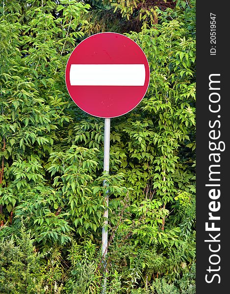 No entry road sign standing in front of the bushes. No entry road sign standing in front of the bushes.