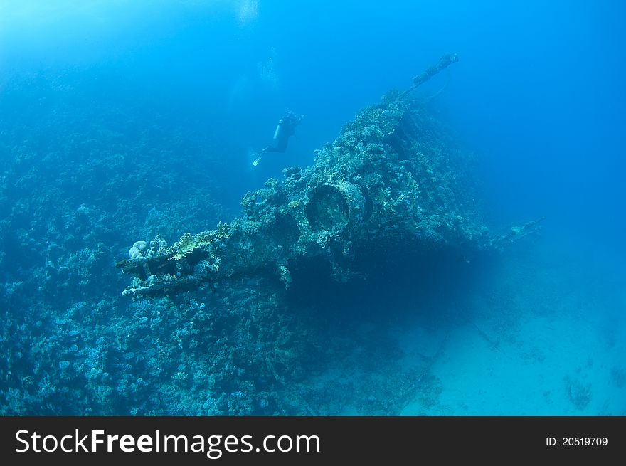 Scuba divers exploring a large shipwreck