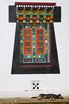 Old-style Tibetan Window And Sleeping Dog Stock Photos Old-style Tibetan Window And Sleeping Dog Stock Photos