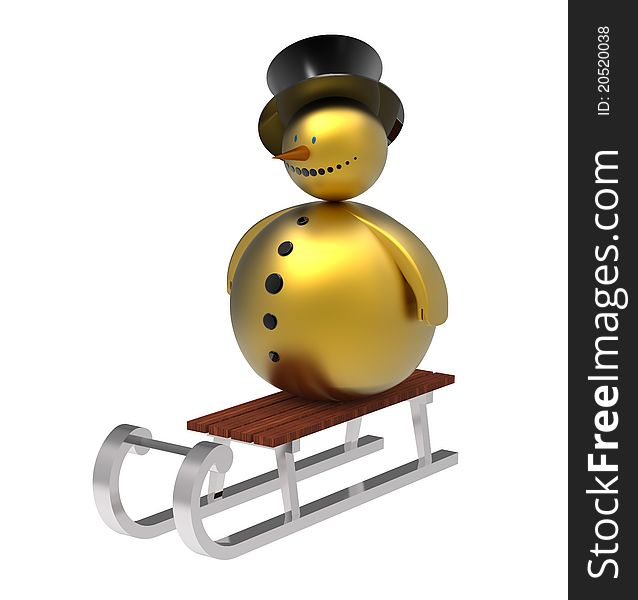 Golden snowman on sledge Christmas decoration isolated on white 3d render