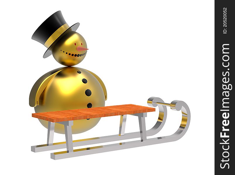 Golden snowman with sledge Christmas decoration isolated on white 3d render