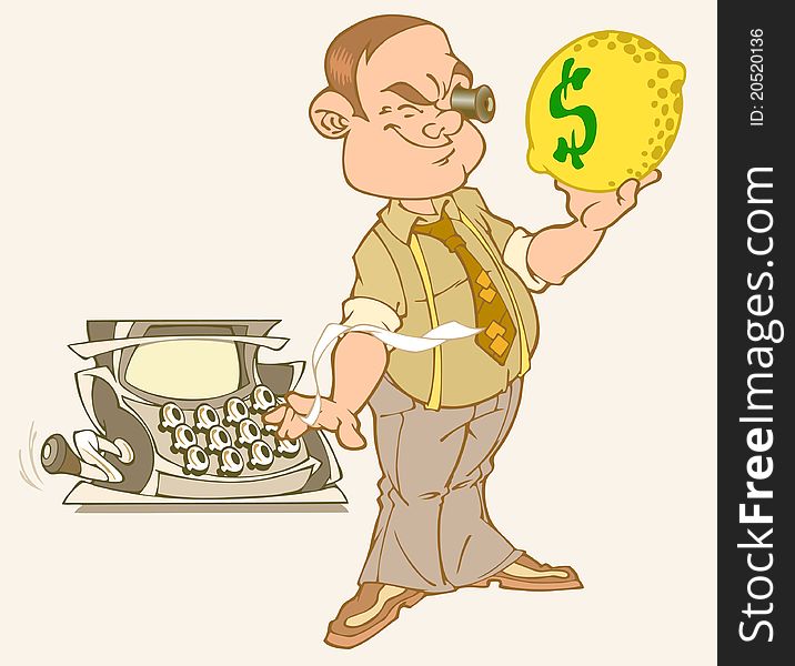 A man holding a lemon with a dollar sign.He looks at it in a monocle.Nearby is the cash register. A man holding a lemon with a dollar sign.He looks at it in a monocle.Nearby is the cash register.