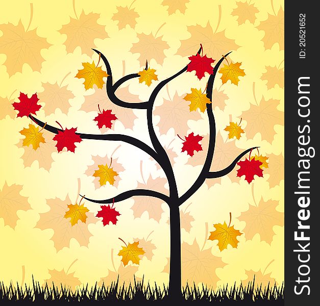 Black tree and grass with red and gold leaves over leaves background. Black tree and grass with red and gold leaves over leaves background