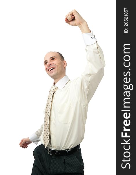 Excited Handsome Business Man With Arm Raised