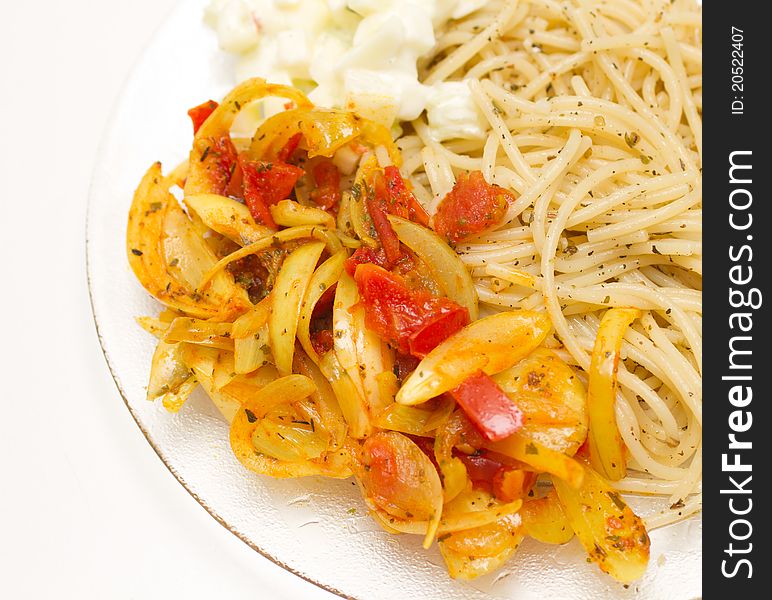 Vegetable souce with onion, tomato, pepper and pasta. Vegetable souce with onion, tomato, pepper and pasta