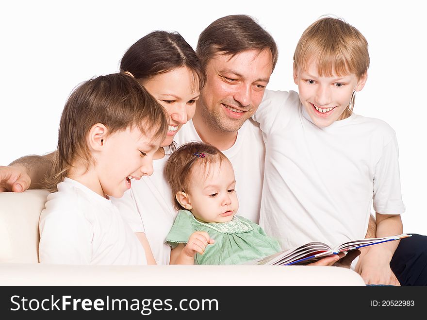 Cute family of a five reading on white. Cute family of a five reading on white
