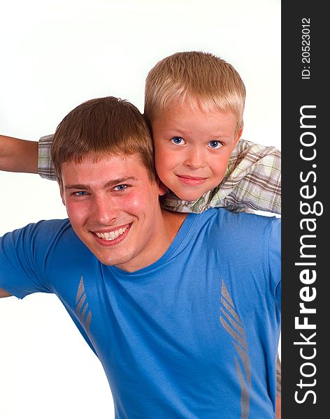 Dad with son on a white background