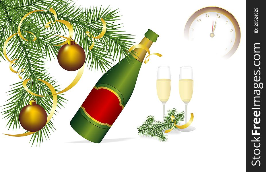 Champagne, 2 glasses, fir branch and christmas balls, watch showing 12 o'clock vector format. Champagne, 2 glasses, fir branch and christmas balls, watch showing 12 o'clock vector format