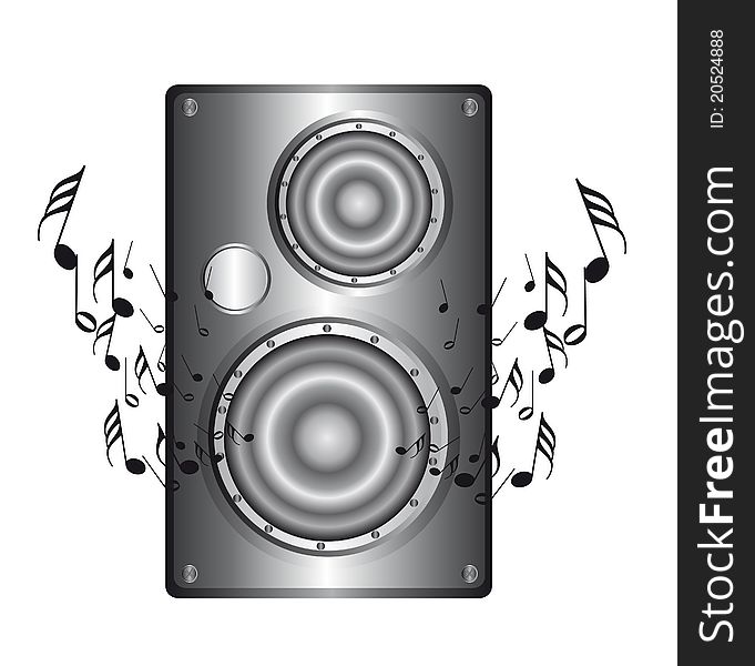 Silver speaker with music notes isolated over white background. vector