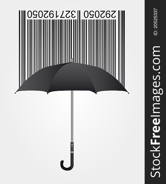 Black bar code and umbrella over gray background.