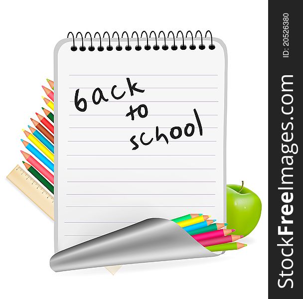 Back to school. Notepad with school supplies.