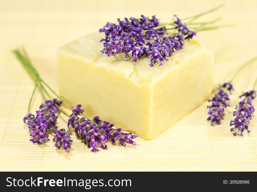 Hand made soap with lavender on bamboo