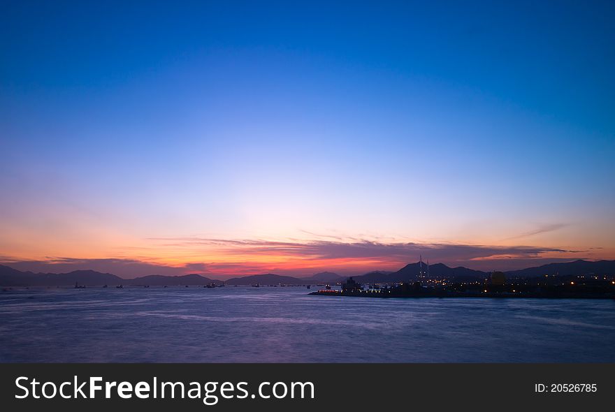 View of Hong Kong Victoria Harbour Sunset