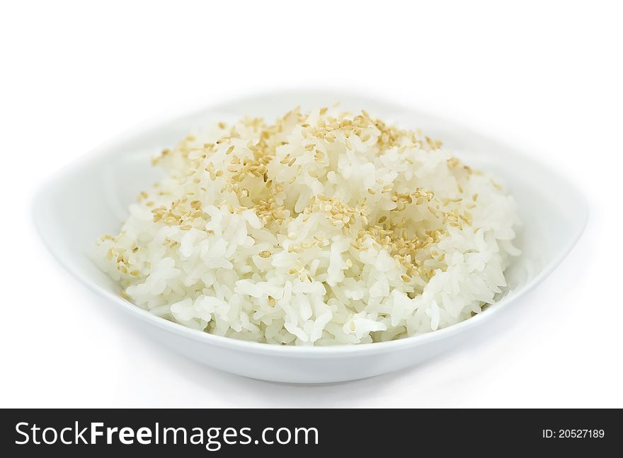 Cooked Rice with Sesame Seeds on the White Background