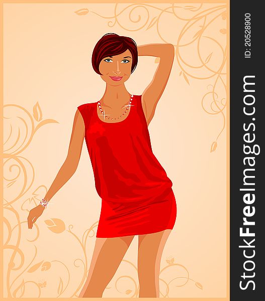 Illustration cute fashion girl on floral background - vector