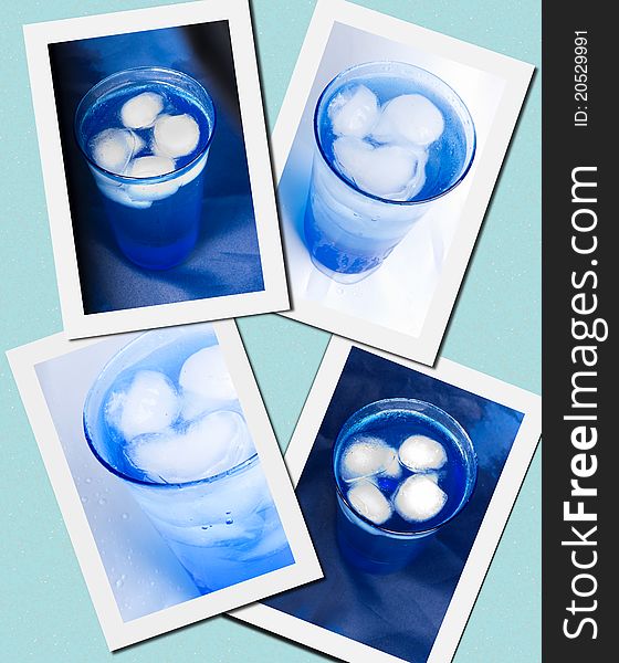 Blue glasses of water with ice-cubes on a blue background. Blue glasses of water with ice-cubes on a blue background