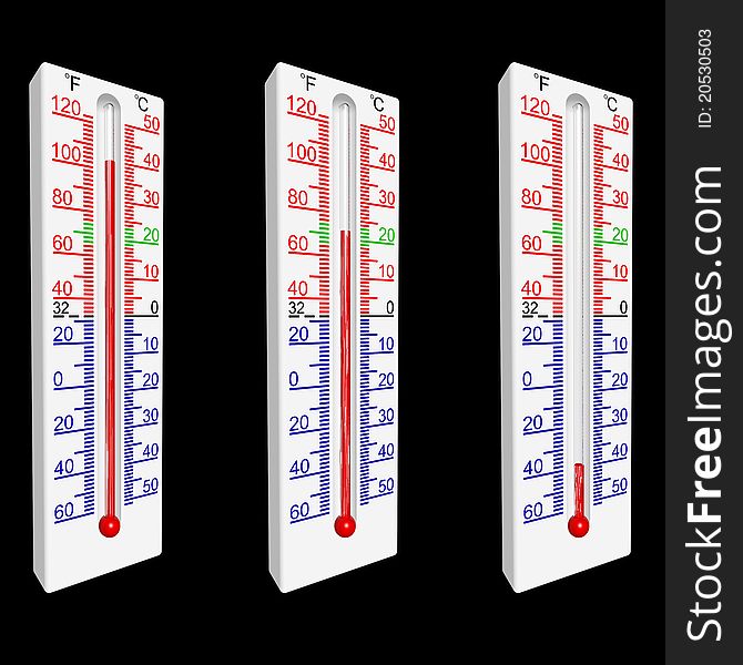 Set of three thermometers, with the part of a scale of green colour defining a range of temperatures, comfortable for a human body.