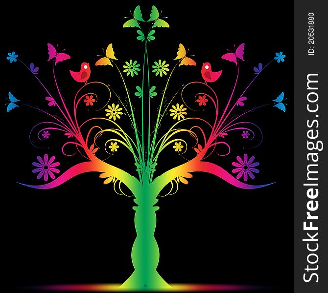 Colorful art tree with birds and butterfly on black background