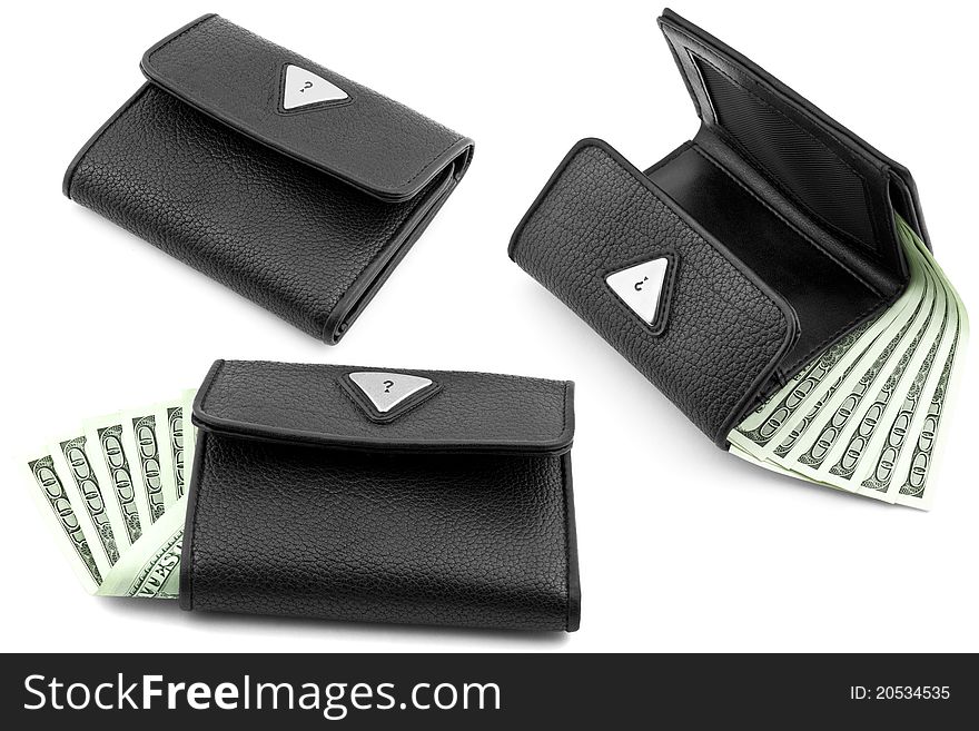 Set of black wallets with dollars isolated on white