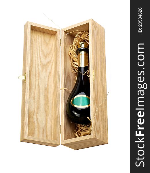 Open Wooden Box With Bottle Of Wine