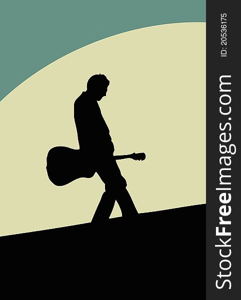 Illustration of guitarist on road.