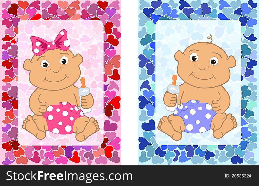 Boy and girl sitting on colorful backgrounds. Boy and girl sitting on colorful backgrounds
