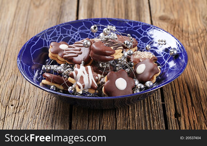 Variety of Christmas cookies with chocolate icing. Variety of Christmas cookies with chocolate icing