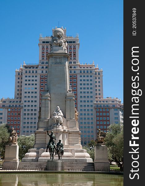 Monument of Miguel de Cervantes on Plaza de EspaÃ±a in Madrid, Spain