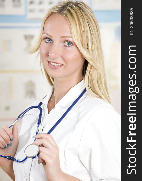 Portrait of woman medicine student with stethoscope