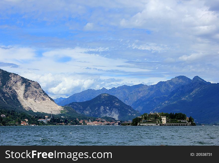 View of the island of Isola Bella on the background of the Alps, Italy