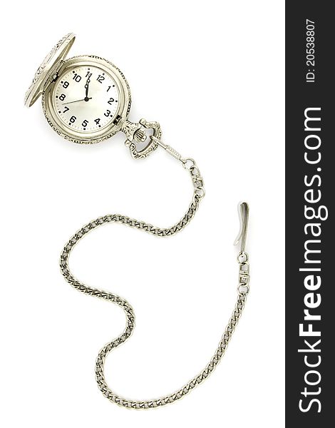 Close up of vintage pocket watch isolated on white