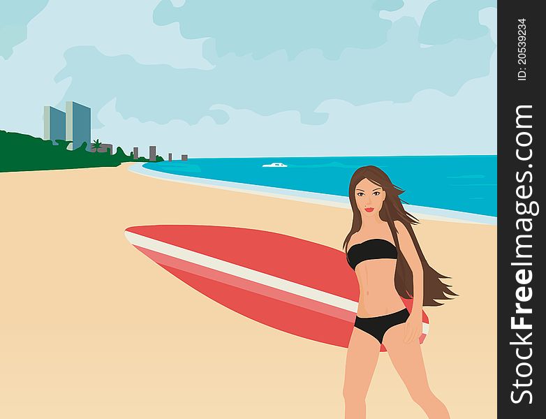 Illustration of a beautiful young surfer girl with long black hair standing on the beach. Illustration of a beautiful young surfer girl with long black hair standing on the beach