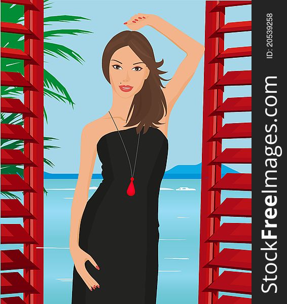 Illustration of a beautiful young girl in a little black dress standing on the balcony of the hotel overlooking the sea. Illustration of a beautiful young girl in a little black dress standing on the balcony of the hotel overlooking the sea