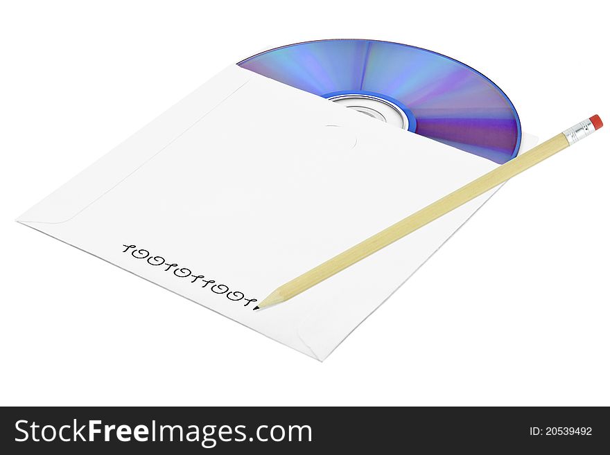 Envelope with disc inside and pencil isolated on white. Envelope with disc inside and pencil isolated on white