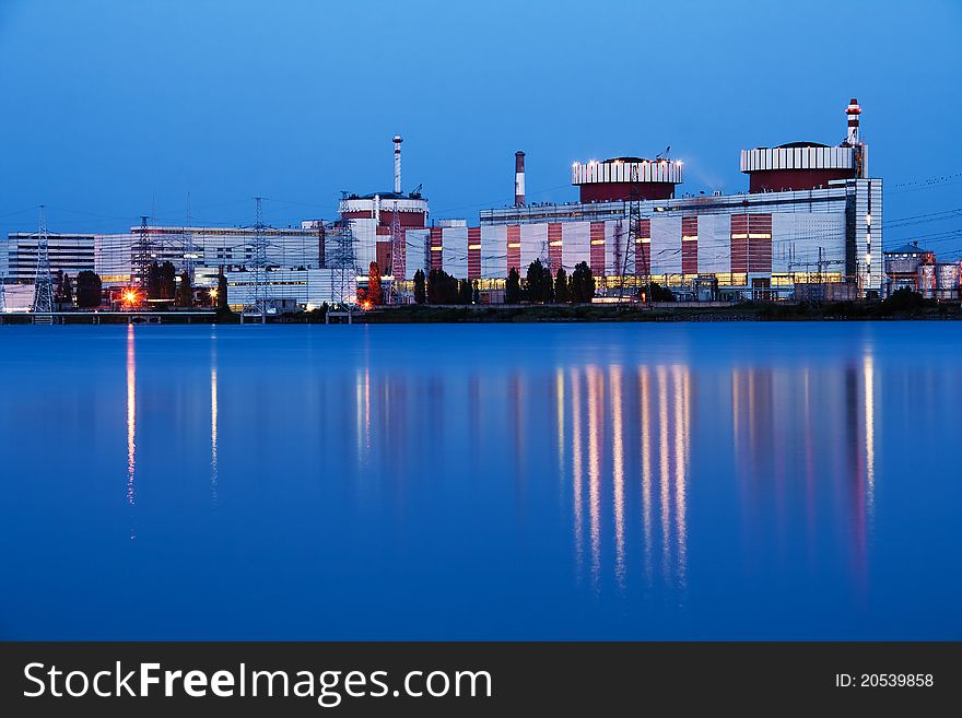 Nuclear power plant at night in South Ukraine