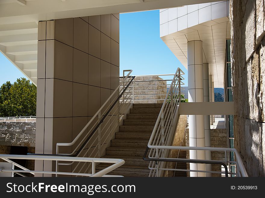 Contemporary architecture using shell, travertine, stone, concrete, Getty Museum, Los Angeles, California. Contemporary architecture using shell, travertine, stone, concrete, Getty Museum, Los Angeles, California