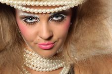 Girl With A Professional Makeup And Pearl Beads Stock Photo Girl With A Professional Makeup And Pearl Beads Stock Photo