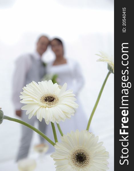 Wedding happy couple and white marguerite