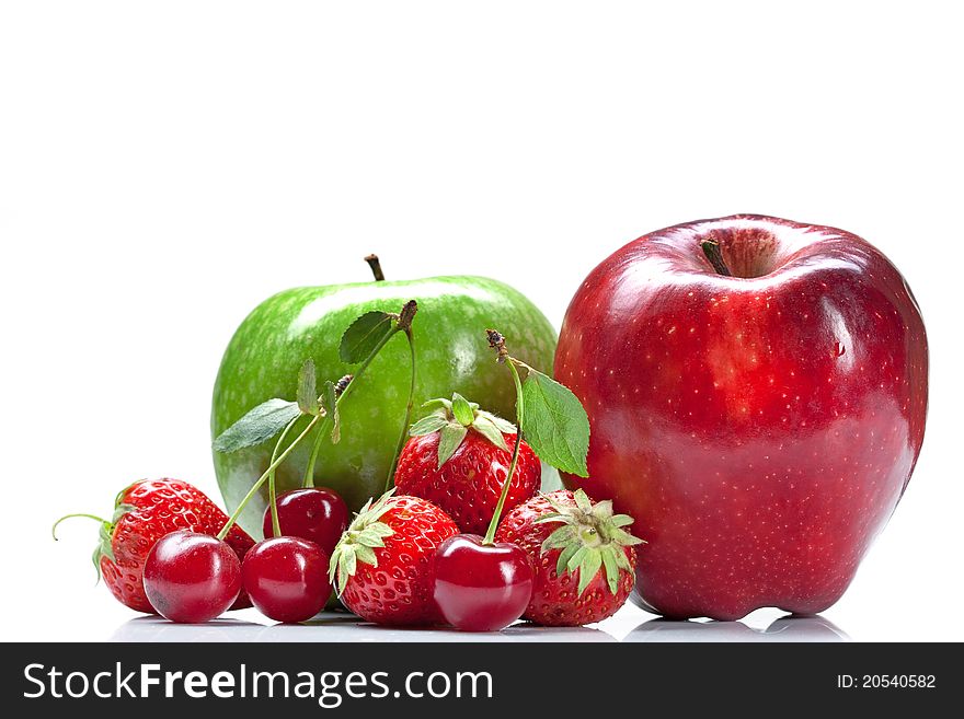 Macro photo of summer fresh fruits isolated on white