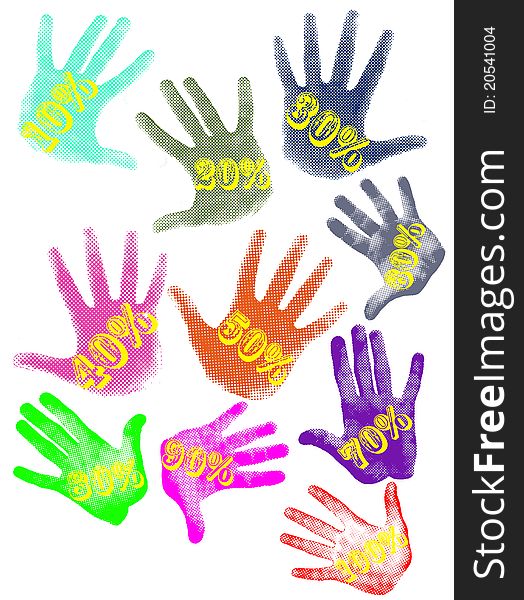 Interest discounts for various sales. Handprint with a discount.