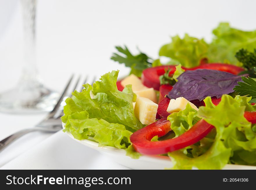 On a photo is present portion of vegetable salad with cheese. On a photo is present portion of vegetable salad with cheese