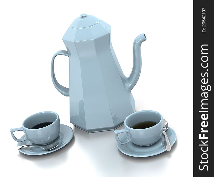 An image showing a light blue-colored coffee set - including 2 cups and saucers and a coffee pot. An image showing a light blue-colored coffee set - including 2 cups and saucers and a coffee pot.