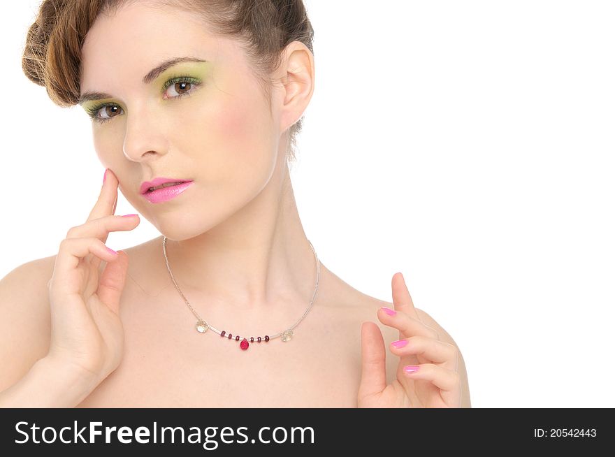 Woman with jewelry from natural stones isolated on white