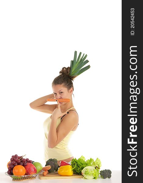 Woman with fruits and vegetables isolated on white