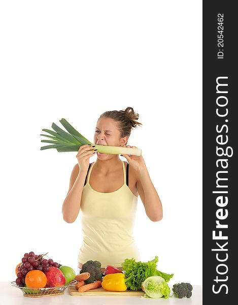 Woman with fruits and vegetables isolated on white