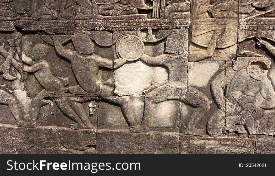 A Khmer Bas relief located at Ta Prohm temple in Siem Reap, Cambodia