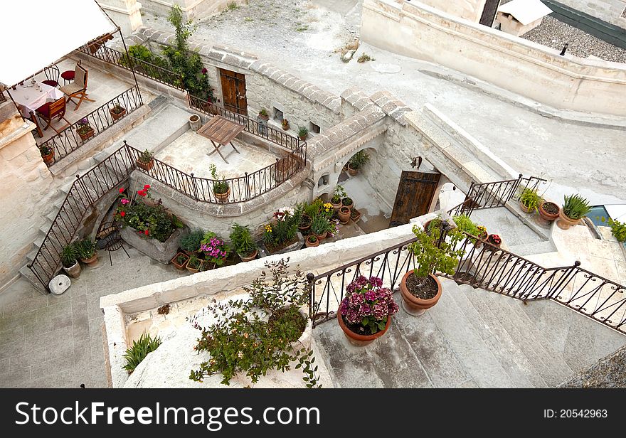 Plan of a villa with verandas, balcony, handrails, steps, perimeter walls and flower pots. Plan of a villa with verandas, balcony, handrails, steps, perimeter walls and flower pots