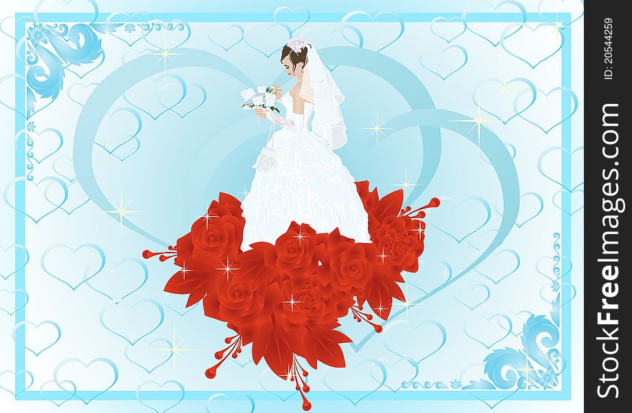 Frame with the bride in her wedding dress and bouquet of flowers is a bunch of red roses. Frame with the bride in her wedding dress and bouquet of flowers is a bunch of red roses