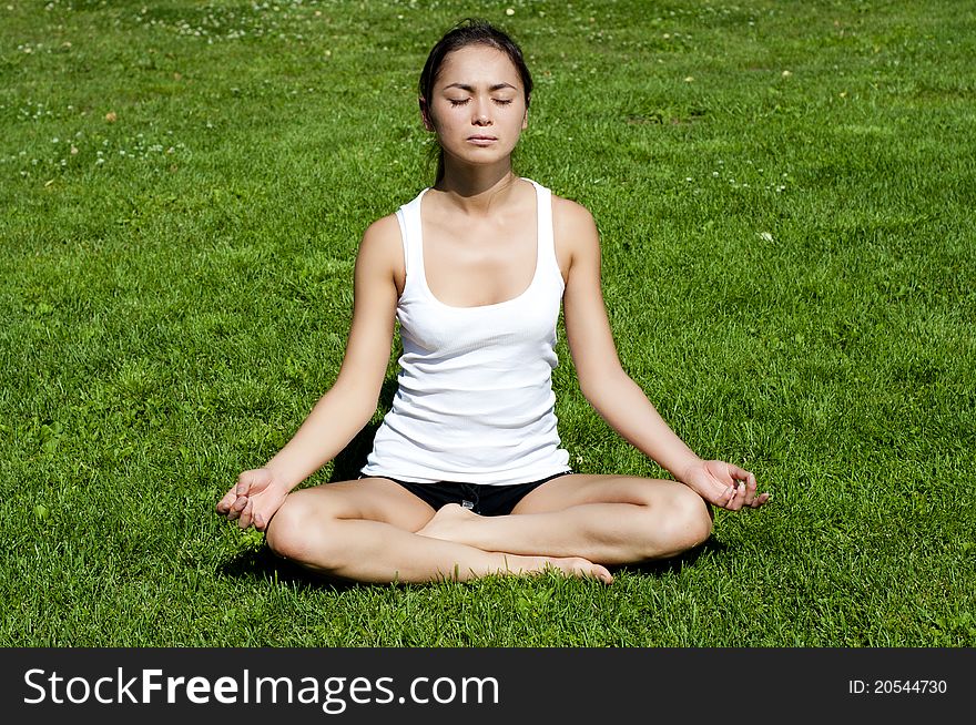 Young woman is engaged in yoga, in summer on a green grass. Young woman is engaged in yoga, in summer on a green grass